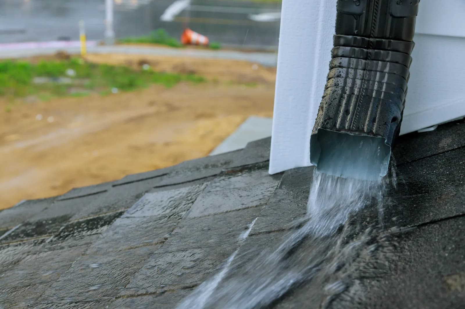 Rainwater flowing cleanly from downspout